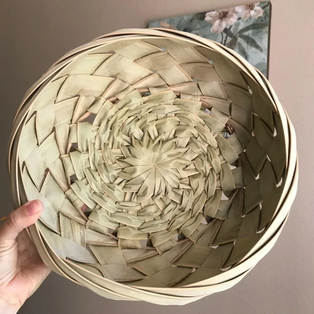 Mid-Century Modern Palm Leaf Woven Basket w/ Hand‎ Carved Faux Fruit